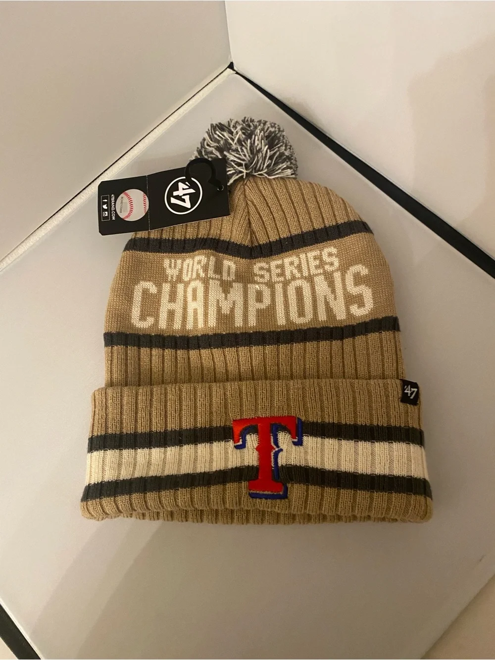 NWT 47 Texas Rangers Knit MLB 2023 World Series Champion Beanie in Tan cream mix